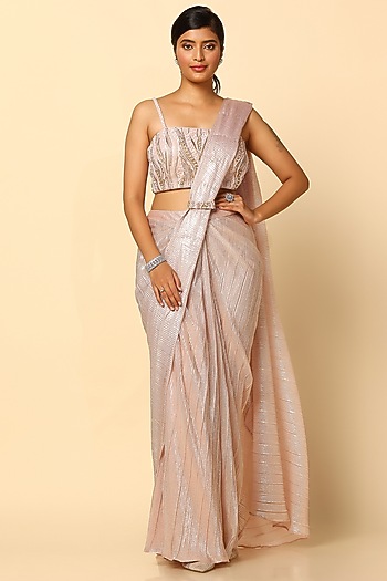 Blush Pink Shimmer Lycra Draped & Net Party Wear Saree Set by MeenaGurnam at Pernia's Pop Up Shop