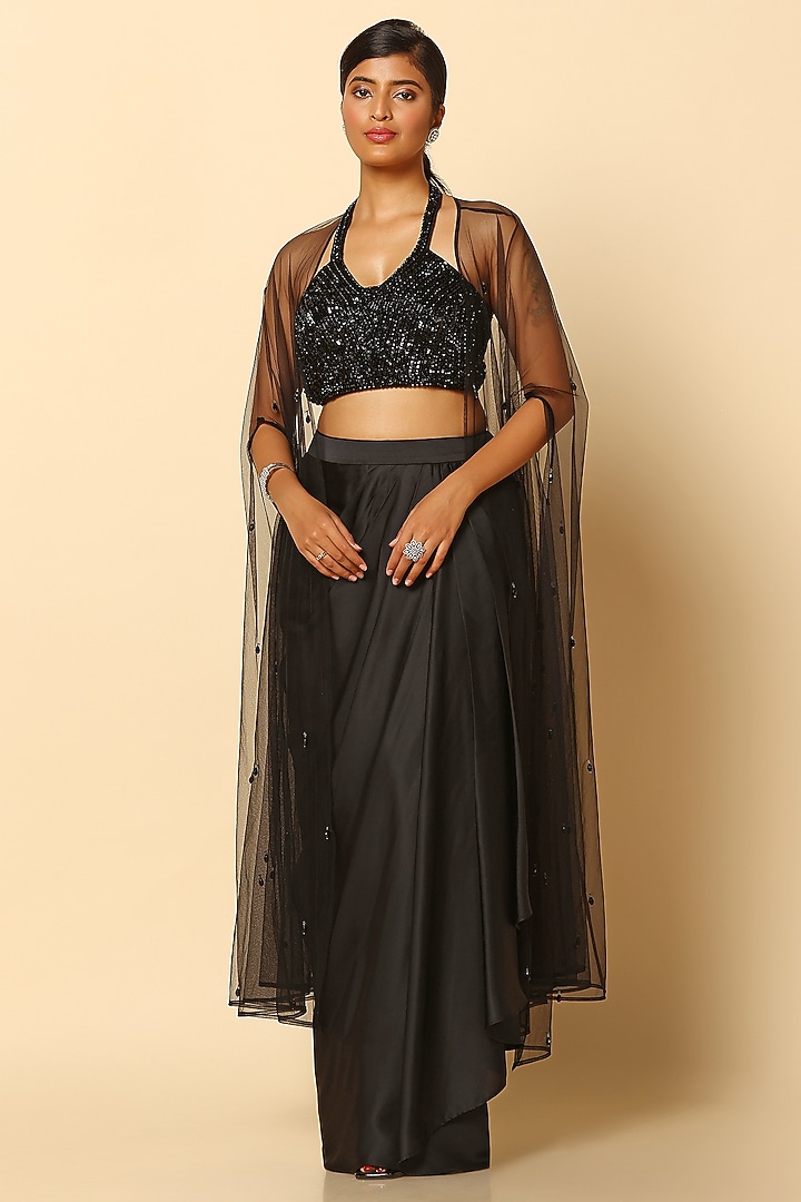 Black Satin Skirt Set by MeenaGurnam at Pernia's Pop Up Shop