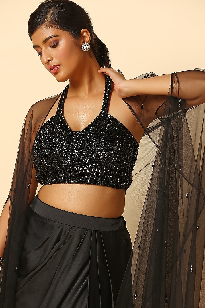 Black Satin Skirt Set by MeenaGurnam at Pernia's Pop Up Shop