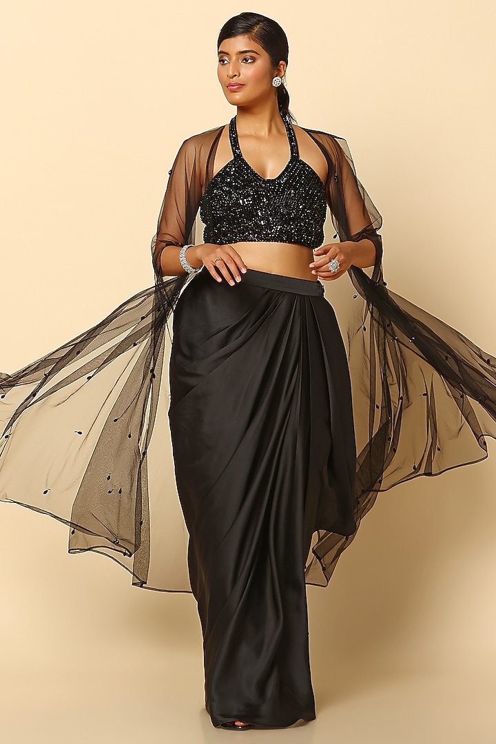 Black Satin Skirt Set by MeenaGurnam at Pernia's Pop Up Shop