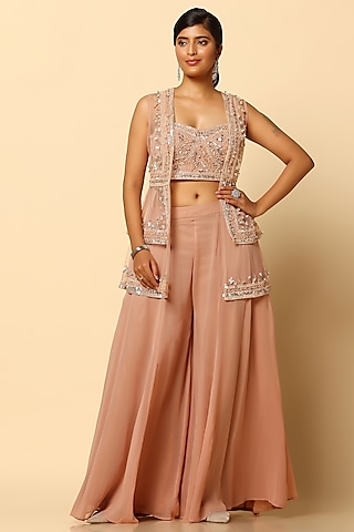 Sandy Beige Sheer Net Embroidered Cape Set by MeenaGurnam