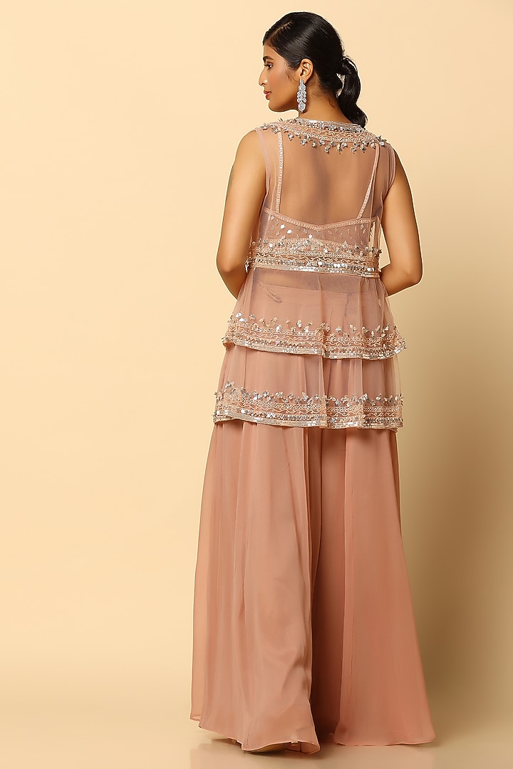 Sandy Beige Sheer Net Embroidered Cape Set by MeenaGurnam at Pernia's Pop Up Shop