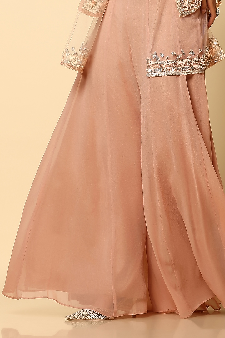 Sandy Beige Sheer Net Embroidered Cape Set by MeenaGurnam at Pernia's Pop Up Shop