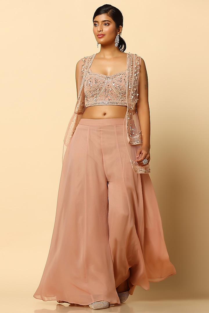 Sandy Beige Sheer Net Embroidered Cape Set by MeenaGurnam at Pernia's Pop Up Shop