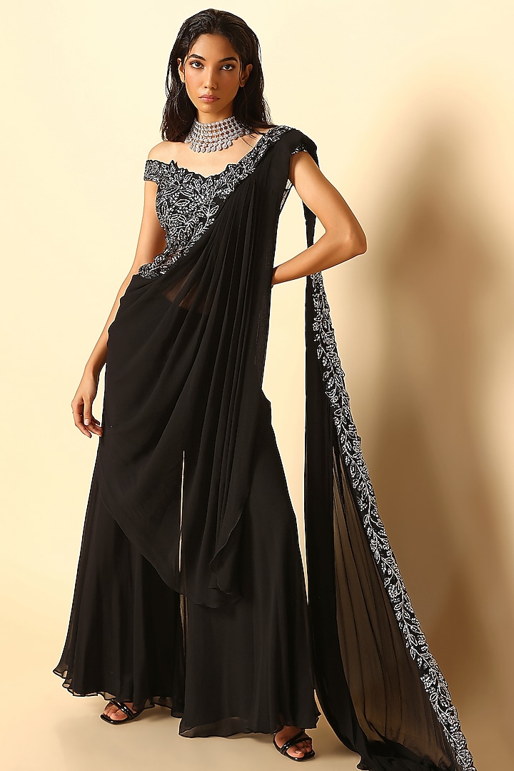 Black Viscose Georgette Nakshi Embroidered Sharara Saree Set by MeenaGurnam