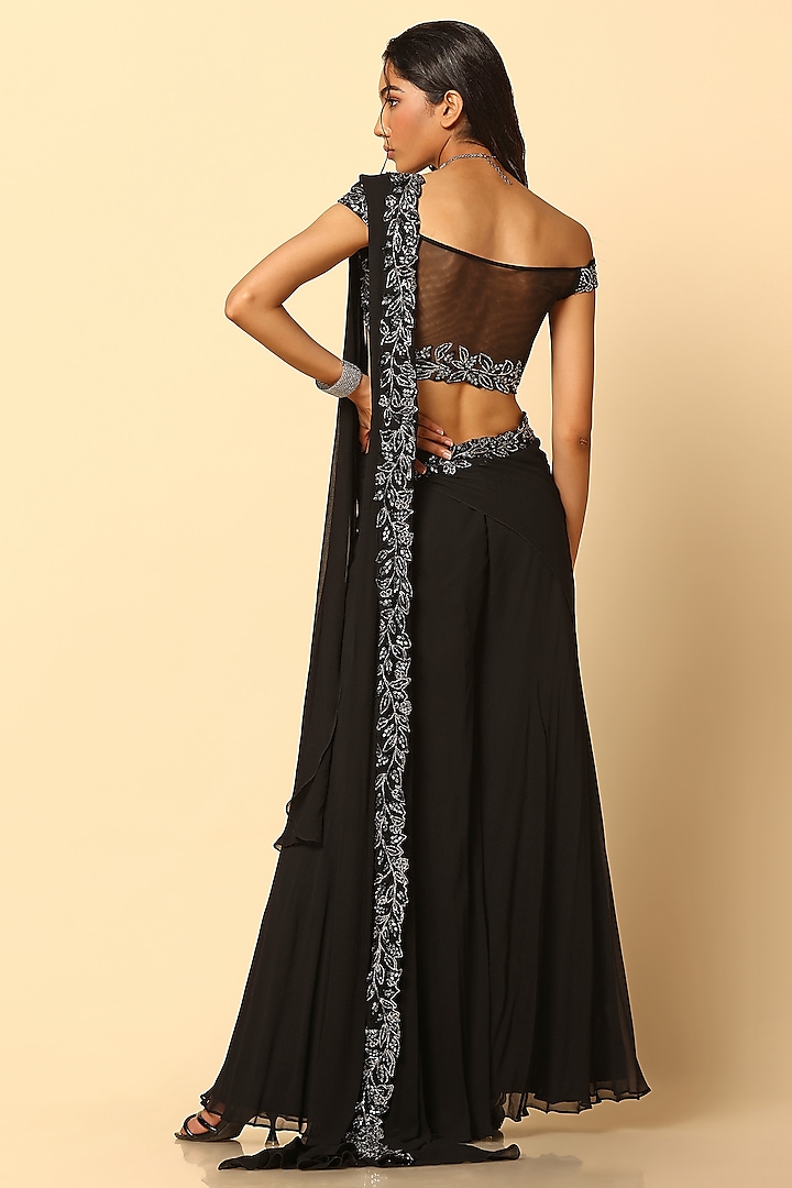 Black Viscose Georgette Nakshi Embroidered Sharara Wedding Saree Set by MeenaGurnam at Pernia's Pop Up Shop
