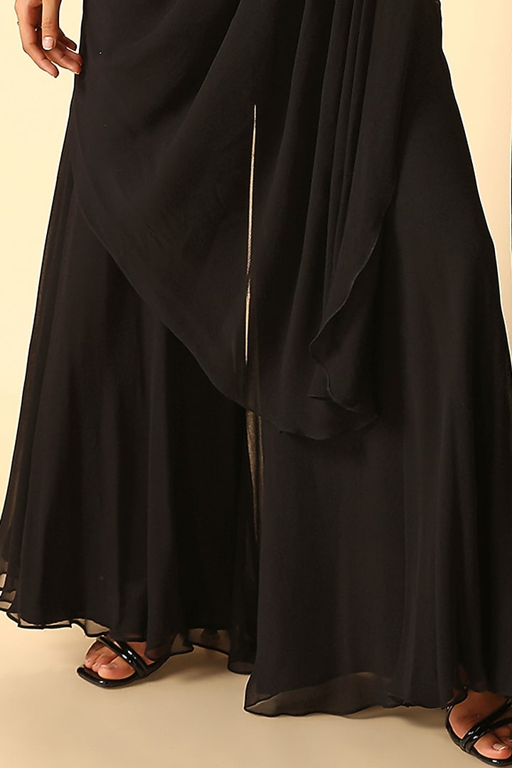 Black Viscose Georgette Nakshi Embroidered Sharara Wedding Saree Set by MeenaGurnam at Pernia's Pop Up Shop