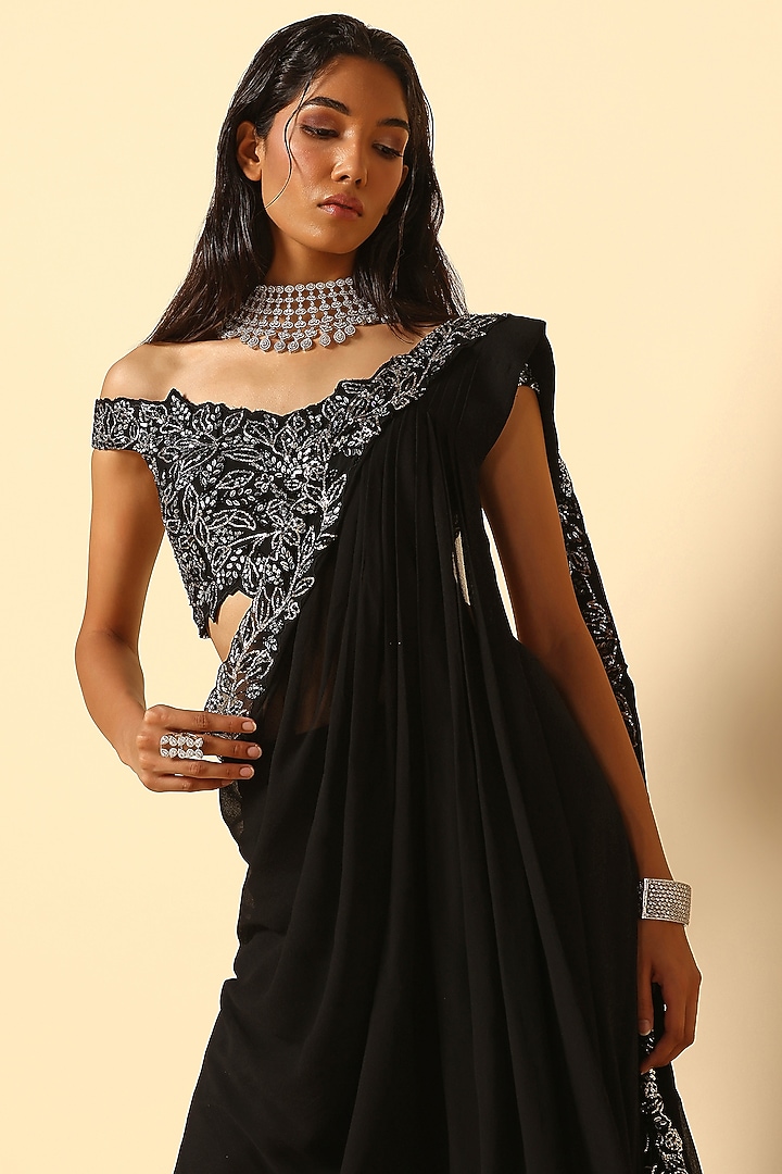 Black Viscose Georgette Nakshi Embroidered Sharara Wedding Saree Set by MeenaGurnam at Pernia's Pop Up Shop