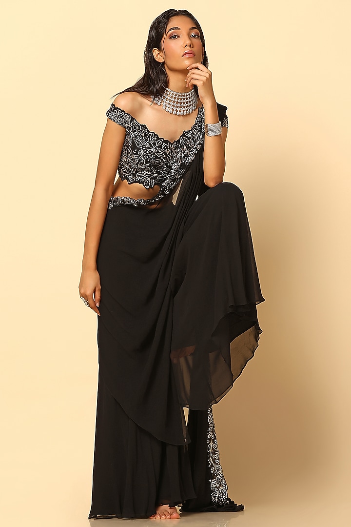 Black Viscose Georgette Nakshi Embroidered Sharara Wedding Saree Set by MeenaGurnam at Pernia's Pop Up Shop