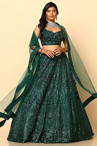 Bottle Green Net Sequin Embroidered Lehenga Set by MeenaGurnam