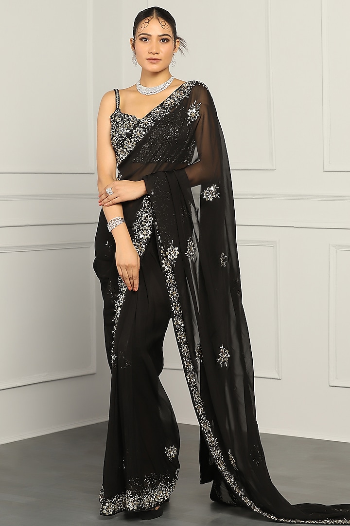 Black Viscose Organza Mirror Embroidered Saree Set by MeenaGurnam at Pernia's Pop Up Shop