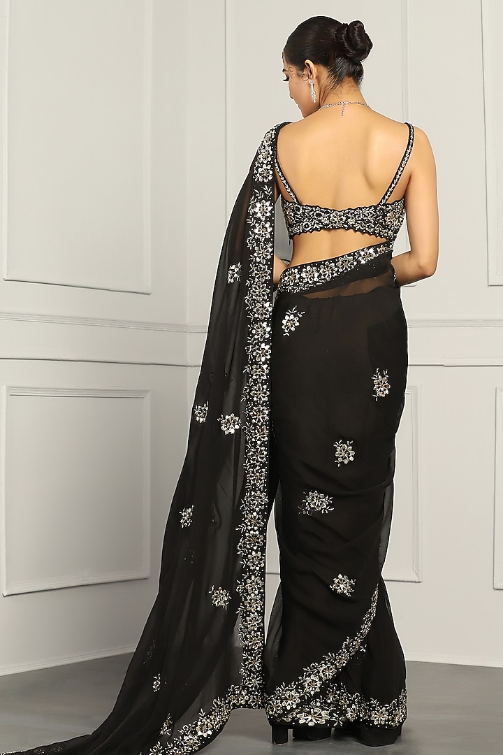 Black Viscose Organza Mirror Embroidered Wedding Saree Set by MeenaGurnam at Pernia's Pop Up Shop