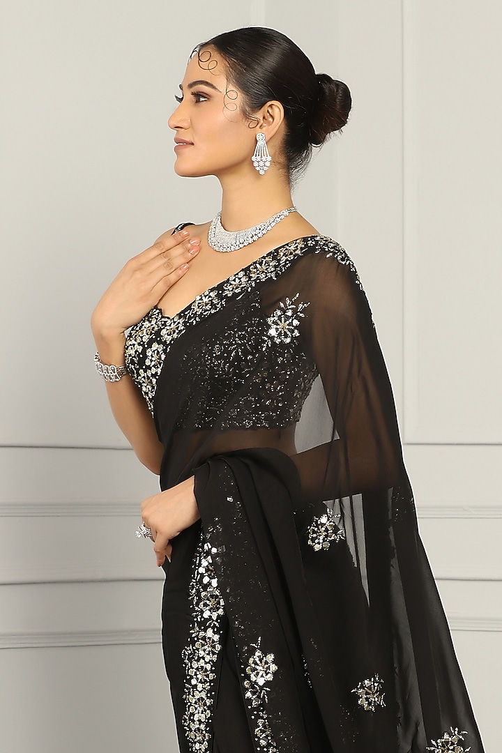 Black Viscose Organza Mirror Embroidered Wedding Saree Set by MeenaGurnam at Pernia's Pop Up Shop