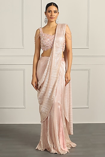 Rose Gold Crinkle Fabric & Net Draped Party Wear Saree Set by MeenaGurnam at Pernia's Pop Up Shop