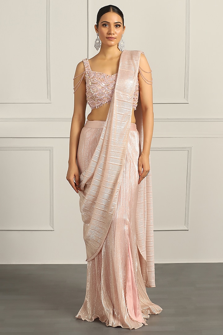 Rose Gold Crinkle Fabric & Net Draped Saree Set by MeenaGurnam