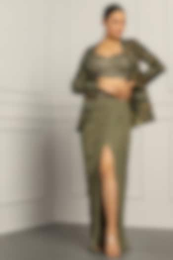 Army Green Georgette Draped Skirt Set by MeenaGurnam at Pernia's Pop Up Shop