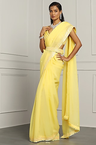 Lemon Yellow Viscose Organza Handwork Saree Set by MeenaGurnam