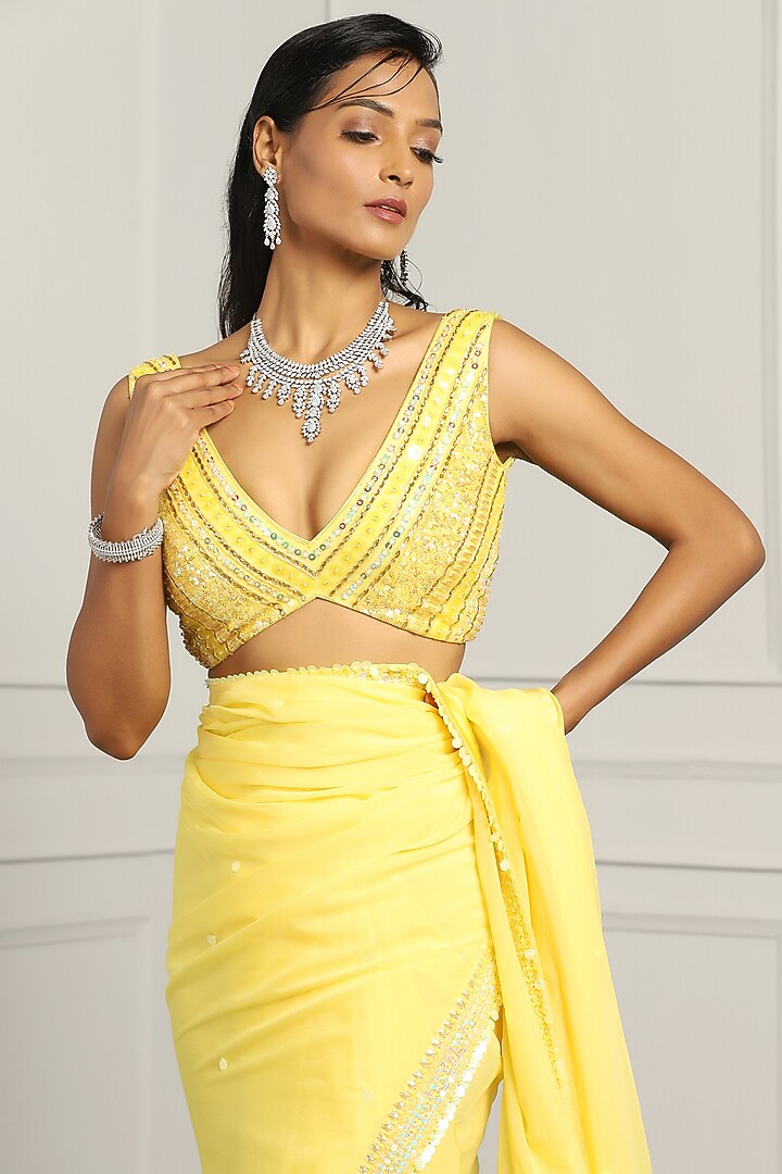 Lemon Yellow Viscose Organza Handwork Wedding Saree Set by MeenaGurnam at Pernia's Pop Up Shop