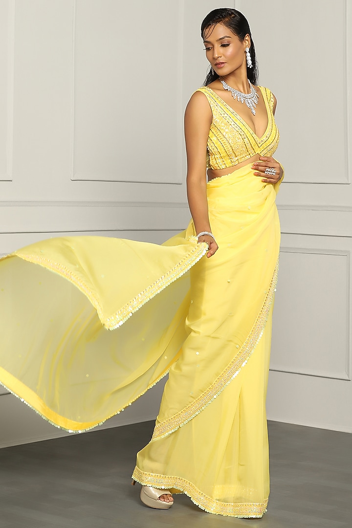 Lemon Yellow Viscose Organza Handwork Wedding Saree Set by MeenaGurnam at Pernia's Pop Up Shop