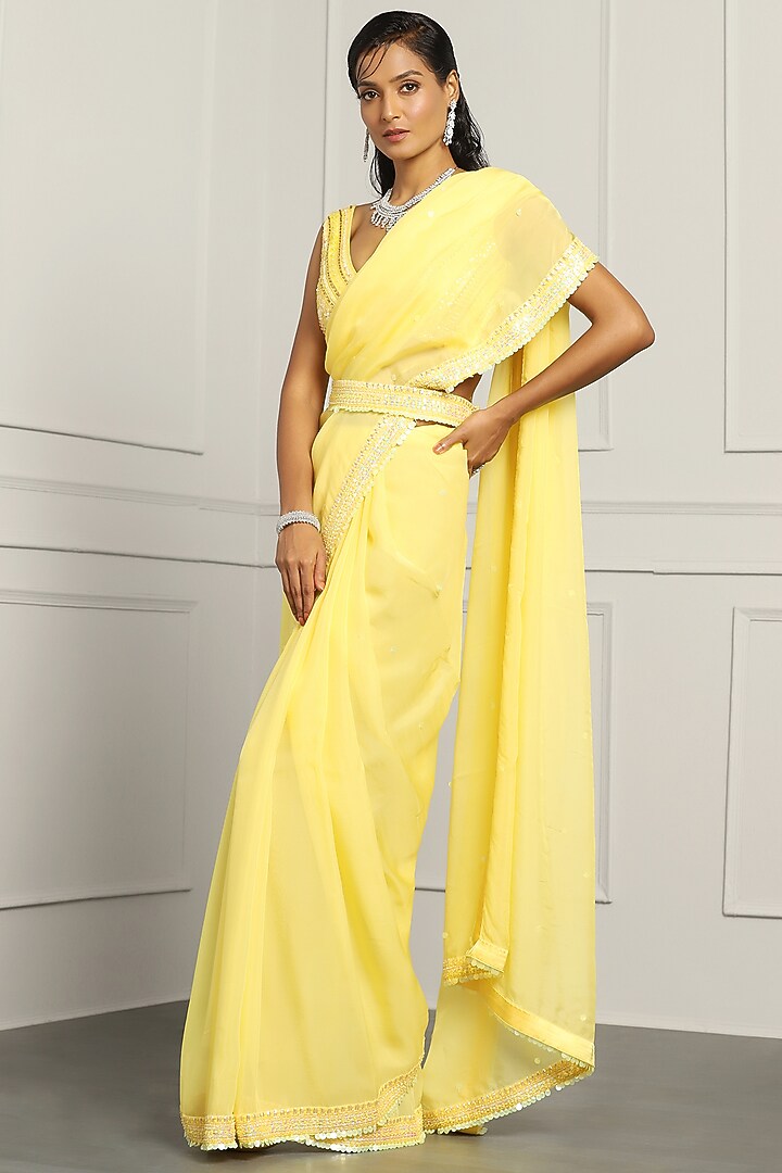 Lemon Yellow Viscose Organza Handwork Wedding Saree Set by MeenaGurnam at Pernia's Pop Up Shop