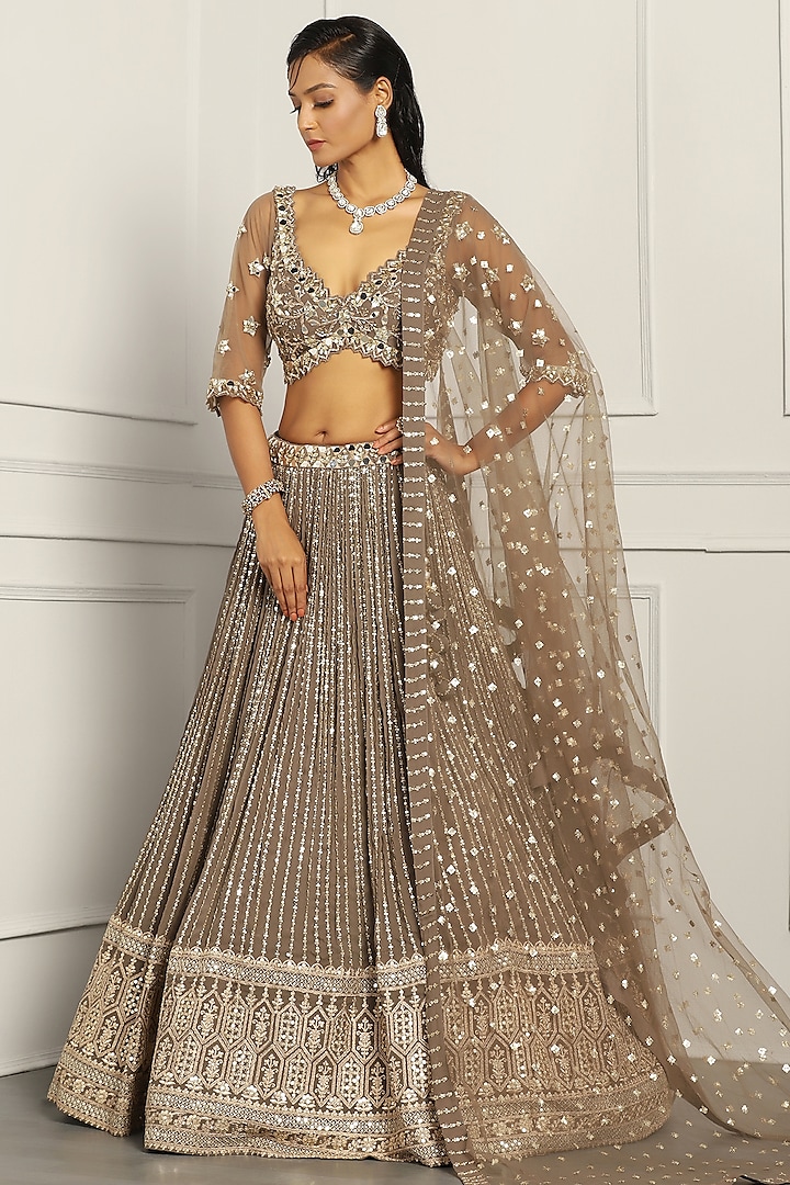 Mud Georgette Sequin Embroidered Wedding Lehenga Set by MeenaGurnam at Pernia's Pop Up Shop