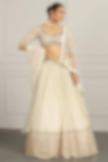 Ivory Georgette Sequin Embroidered Lehenga Set by MeenaGurnam