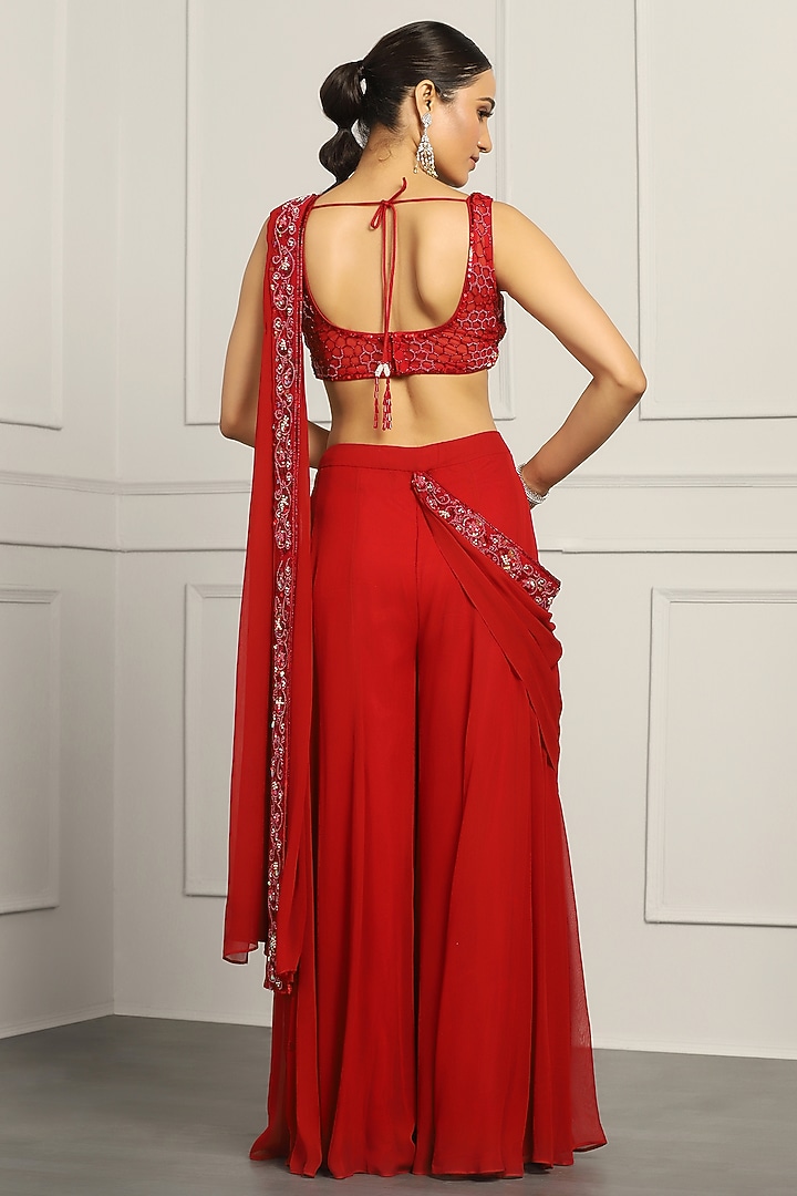 Red Georgette & Net Sequin Embroidered Sharara Pant Wedding Saree Set by MeenaGurnam at Pernia's Pop Up Shop