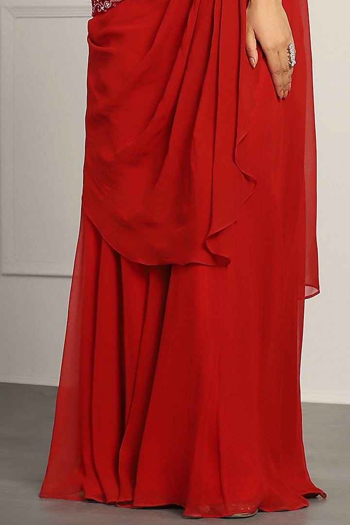 Red Georgette & Net Sequin Embroidered Sharara Pant Wedding Saree Set by MeenaGurnam at Pernia's Pop Up Shop