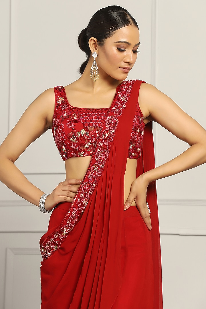 Red Georgette & Net Sequin Embroidered Sharara Pant Wedding Saree Set by MeenaGurnam at Pernia's Pop Up Shop