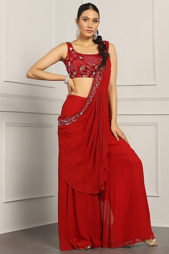 Red Georgette & Net Sequin Embroidered Sharara Pant Wedding Saree Set by MeenaGurnam at Pernia's Pop Up Shop