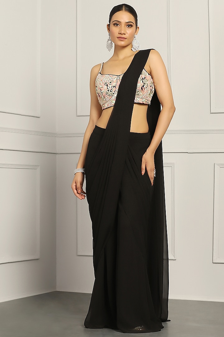 Black Georgette Sharara Pant Saree Set by MeenaGurnam at Pernia's Pop Up Shop