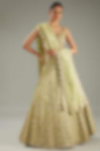 Mint Green Tissue Mirror Work Wedding Lehenga Set by MeenaGurnam at Pernia's Pop Up Shop