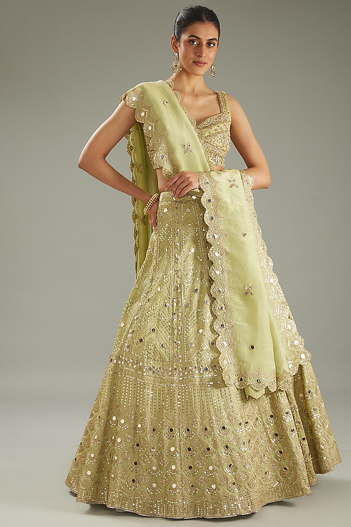 Mint Green Tissue Mirror Work Wedding Lehenga Set by MeenaGurnam at Pernia's Pop Up Shop