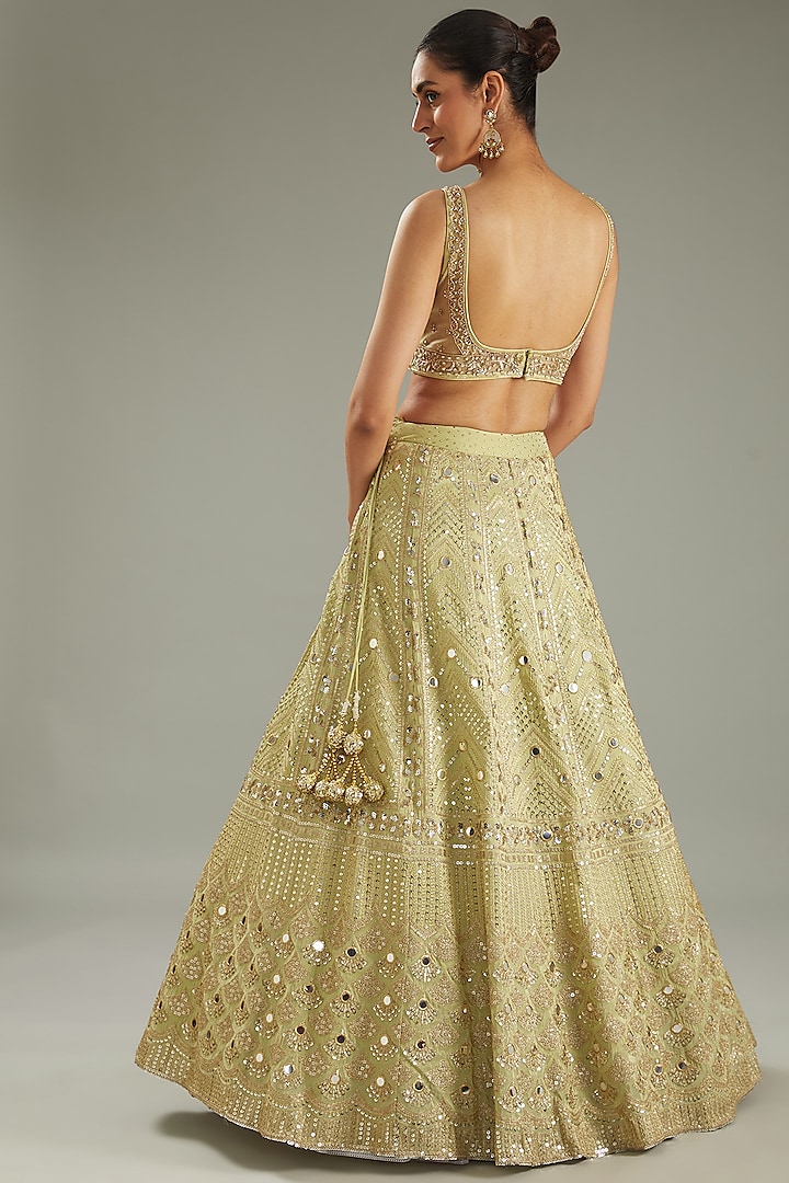 Mint Green Tissue Mirror Work Wedding Lehenga Set by MeenaGurnam at Pernia's Pop Up Shop