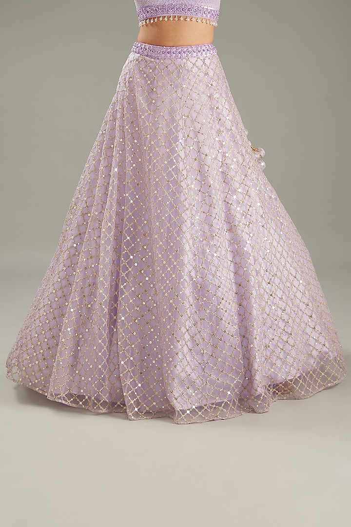 Mauve Net Zari Embroidered Lehenga Set by MeenaGurnam at Pernia's Pop Up Shop