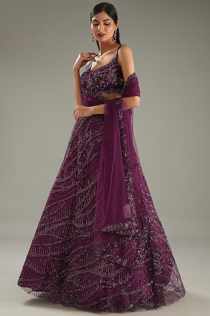 Wine Net Hand Embroidered Wedding Lehenga Set by MeenaGurnam at Pernia's Pop Up Shop