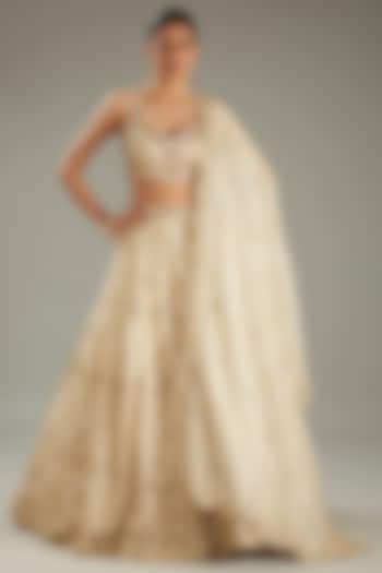 Light Gold Tissue Mirror Work Wedding Lehenga Set by MeenaGurnam at Pernia's Pop Up Shop
