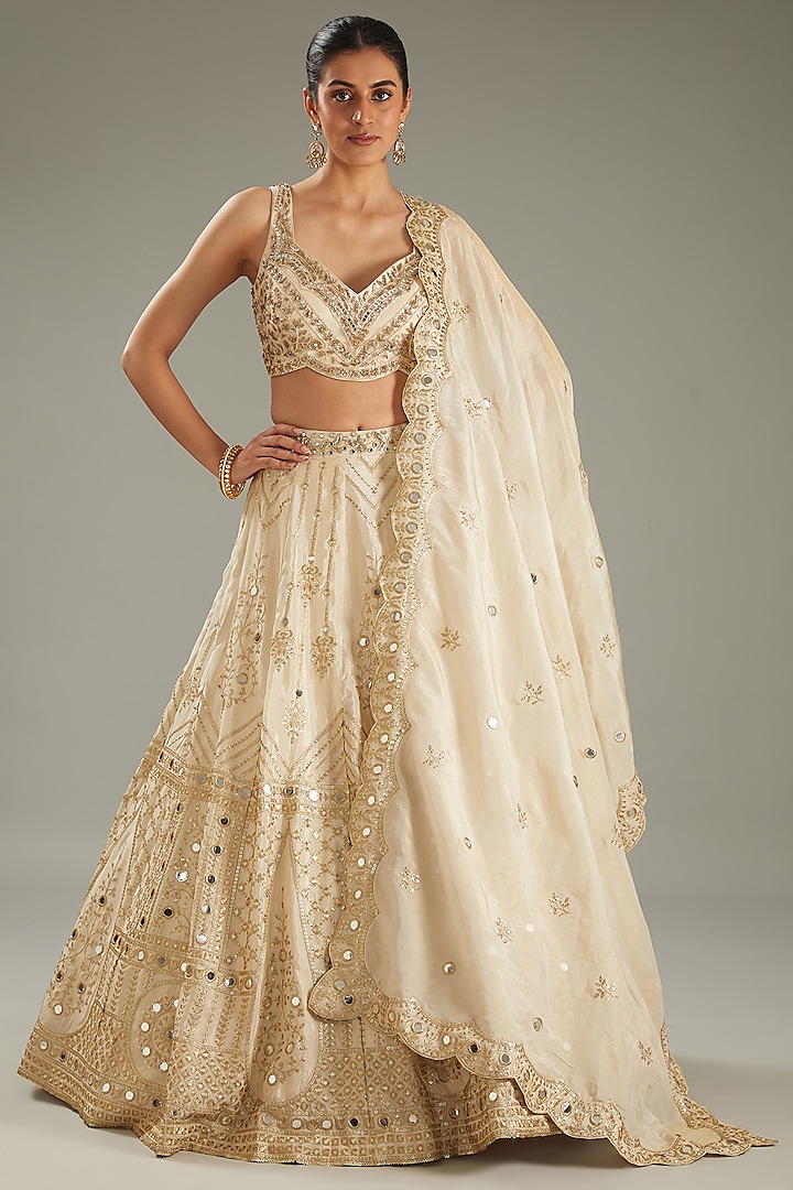 Light Gold Tissue Mirror Work Wedding Lehenga Set by MeenaGurnam at