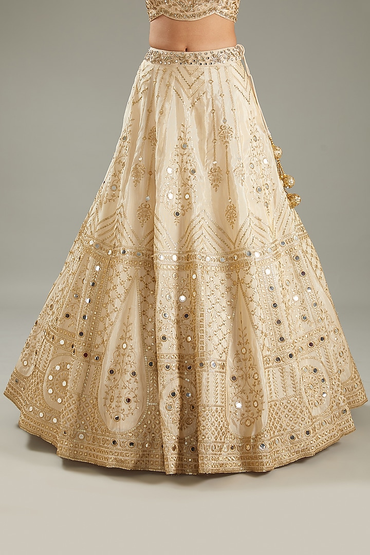 Light Gold Tissue Mirror Work Wedding Lehenga Set by MeenaGurnam at Pernia's Pop Up Shop