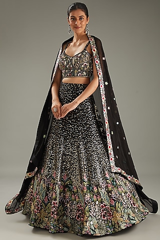 Black Georgette Sequins Embroidered Lehenga Set by MeenaGurnam