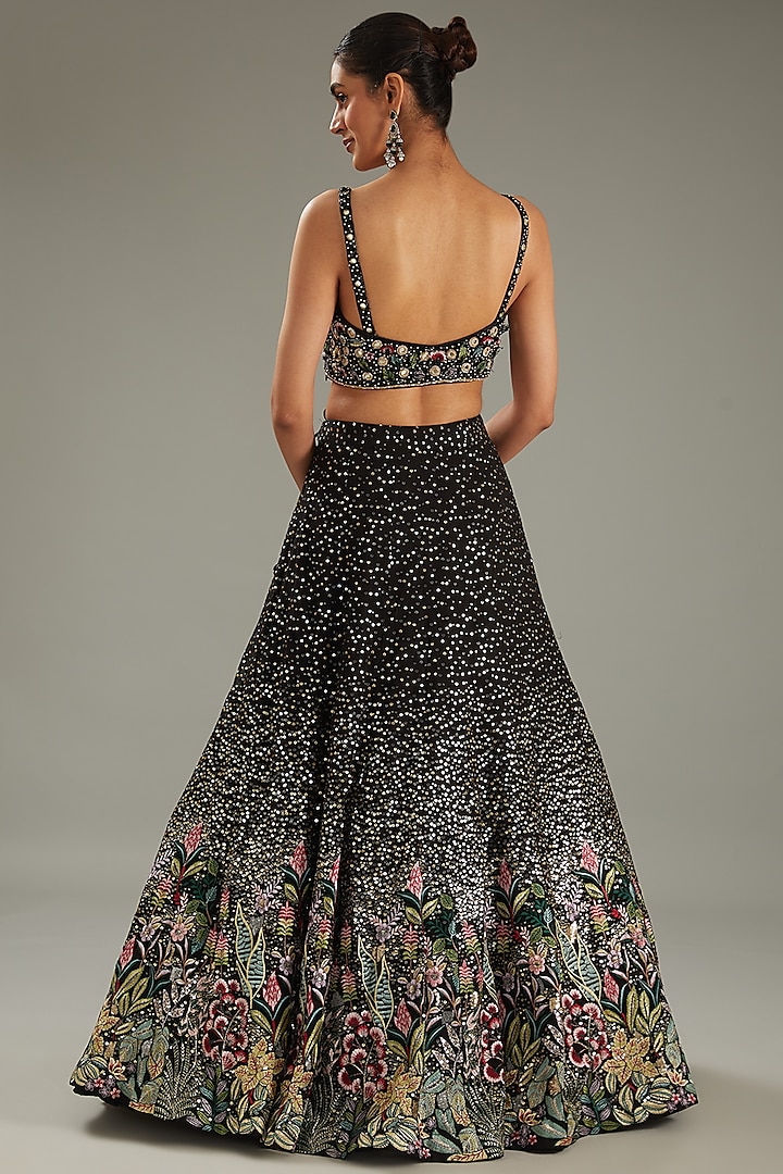 Black Georgette Sequins Embroidered Wedding Lehenga Set by MeenaGurnam at Pernia's Pop Up Shop