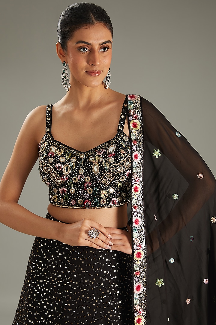 Black Georgette Sequins Embroidered Wedding Lehenga Set by MeenaGurnam at Pernia's Pop Up Shop