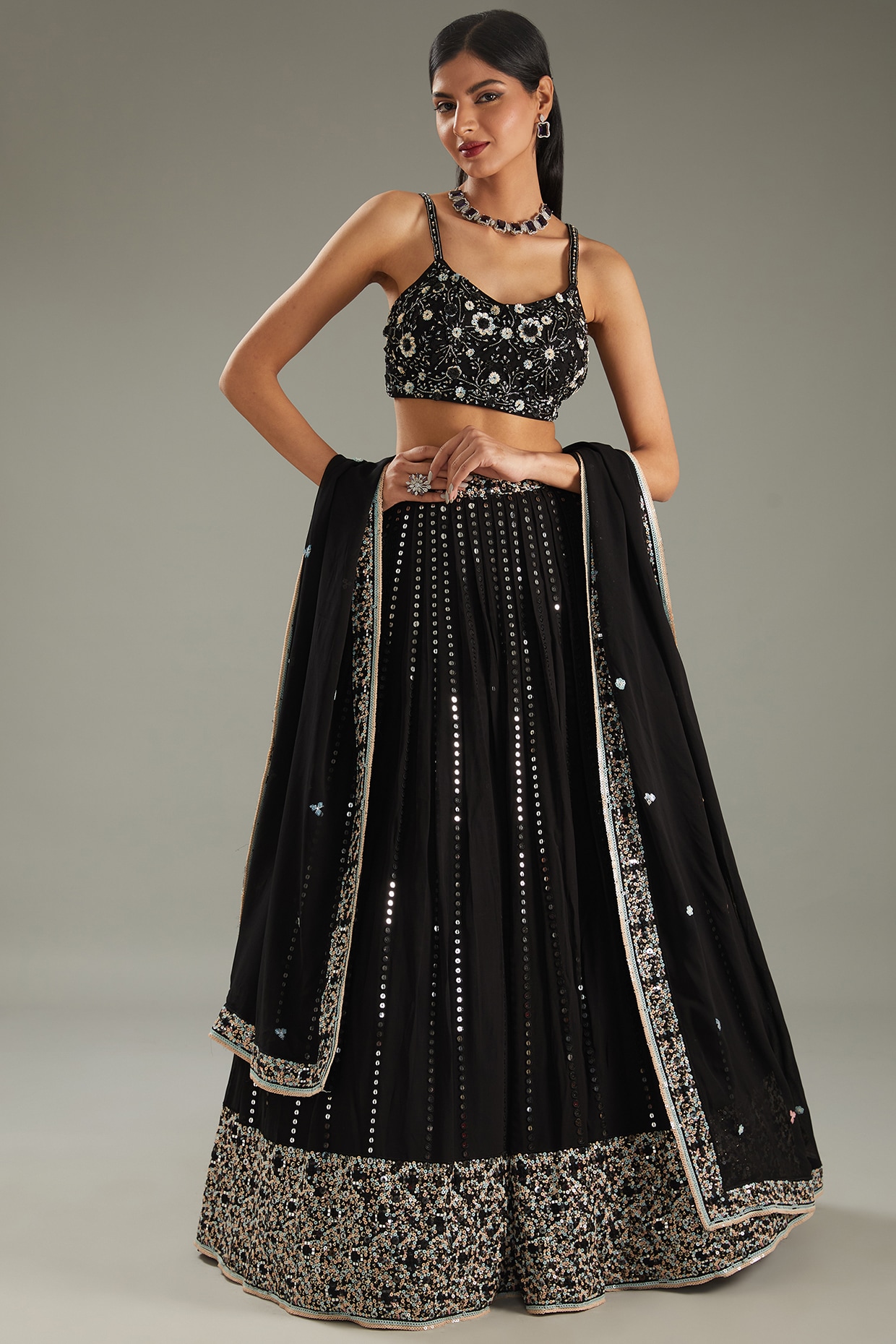 Gold Tulle & Organza Sequin Embellished Lehenga Set Design by Papa Don't  Preach by Shubhika at Pernia's Pop Up Shop 2024