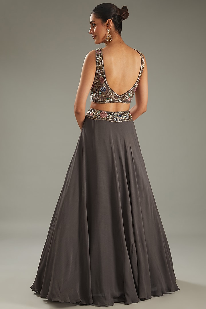 Charcoal Georgette Hand Embroidered Wedding Lehenga Set by MeenaGurnam at Pernia's Pop Up Shop