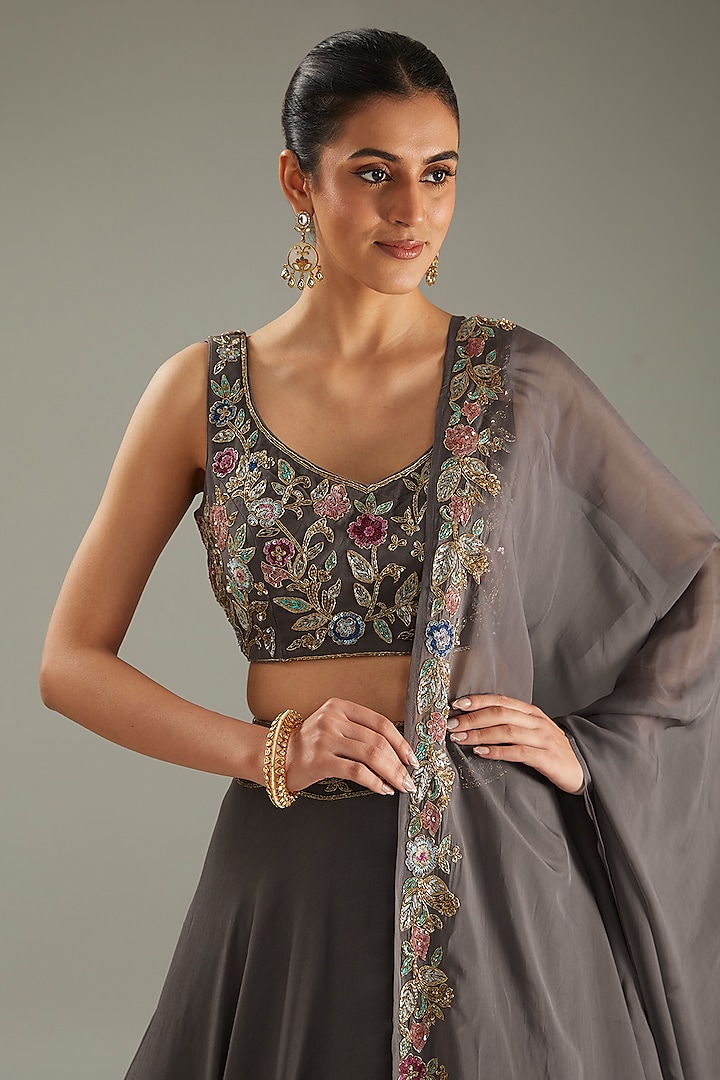 Charcoal Georgette Hand Embroidered Wedding Lehenga Set by MeenaGurnam at Pernia's Pop Up Shop