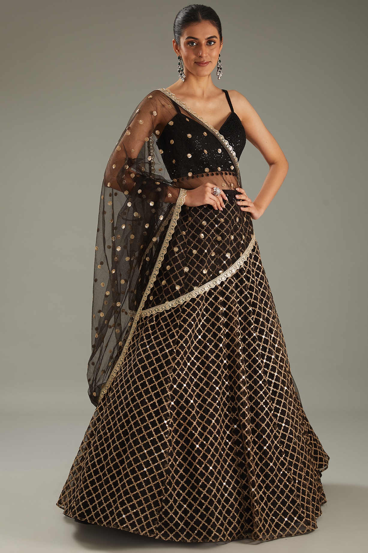 Grey Gold Zari Embroidered Net Pleated LehengaSet With Velvet Border main image 0