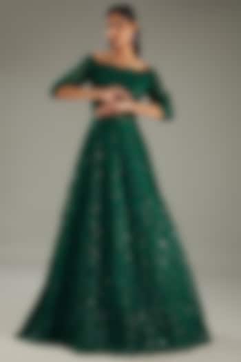 Green Net Sequins & Resham Embroidered Off-Shoulder Gown by MeenaGurnam