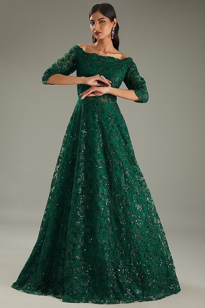 Green Net Sequins & Resham Embroidered Off-Shoulder Gown by MeenaGurnam