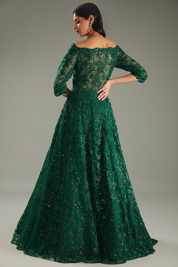 Green Net Sequins Resham Embroidered Off-Shoulder Gown by