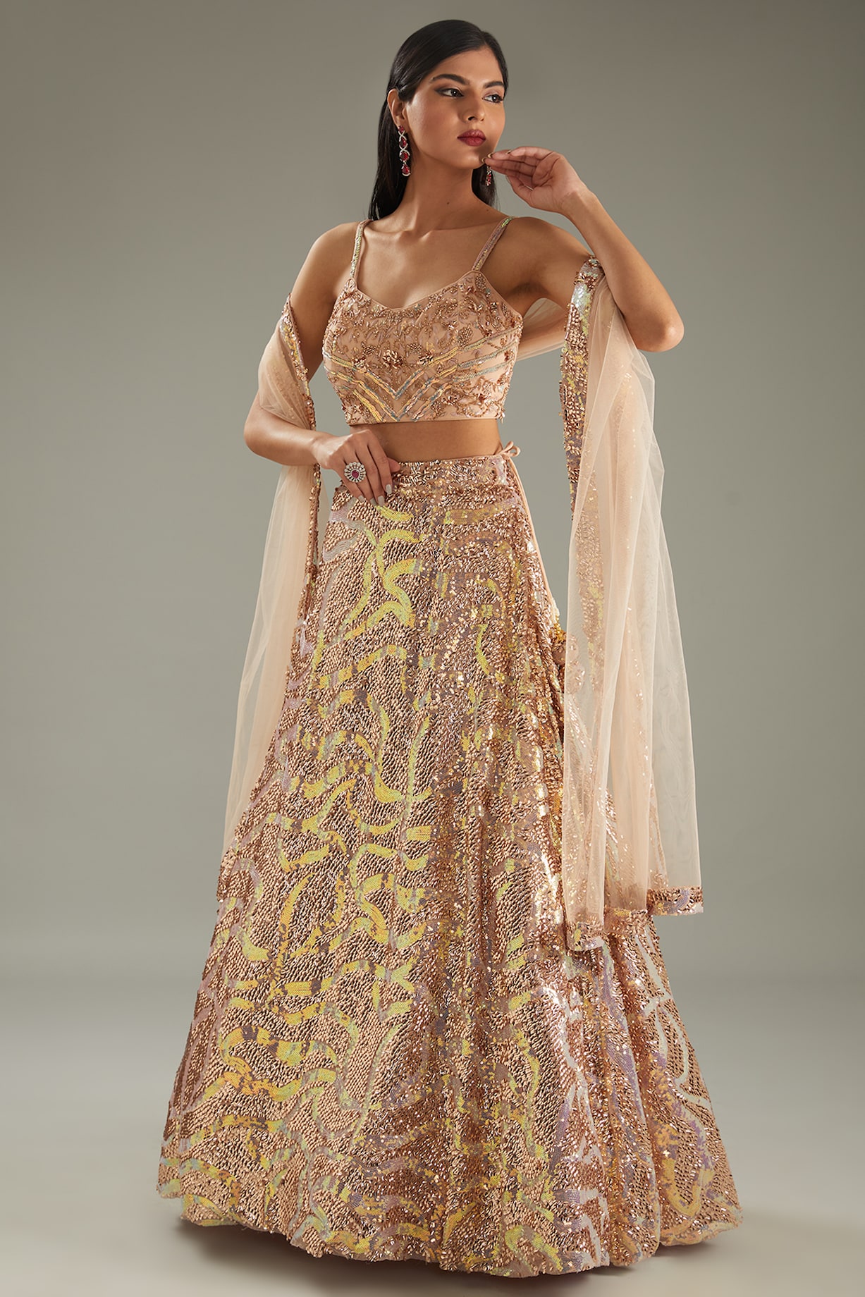 Rose Gold Net Sequins Embroidered Lehenga Set Design by MeenaGurnam at ...